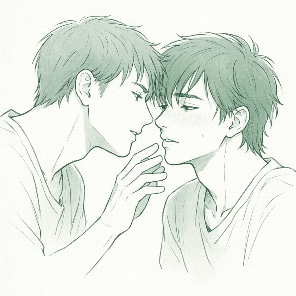 Two men sharing their first kiss in MM romance showing emotional vulnerability and connection