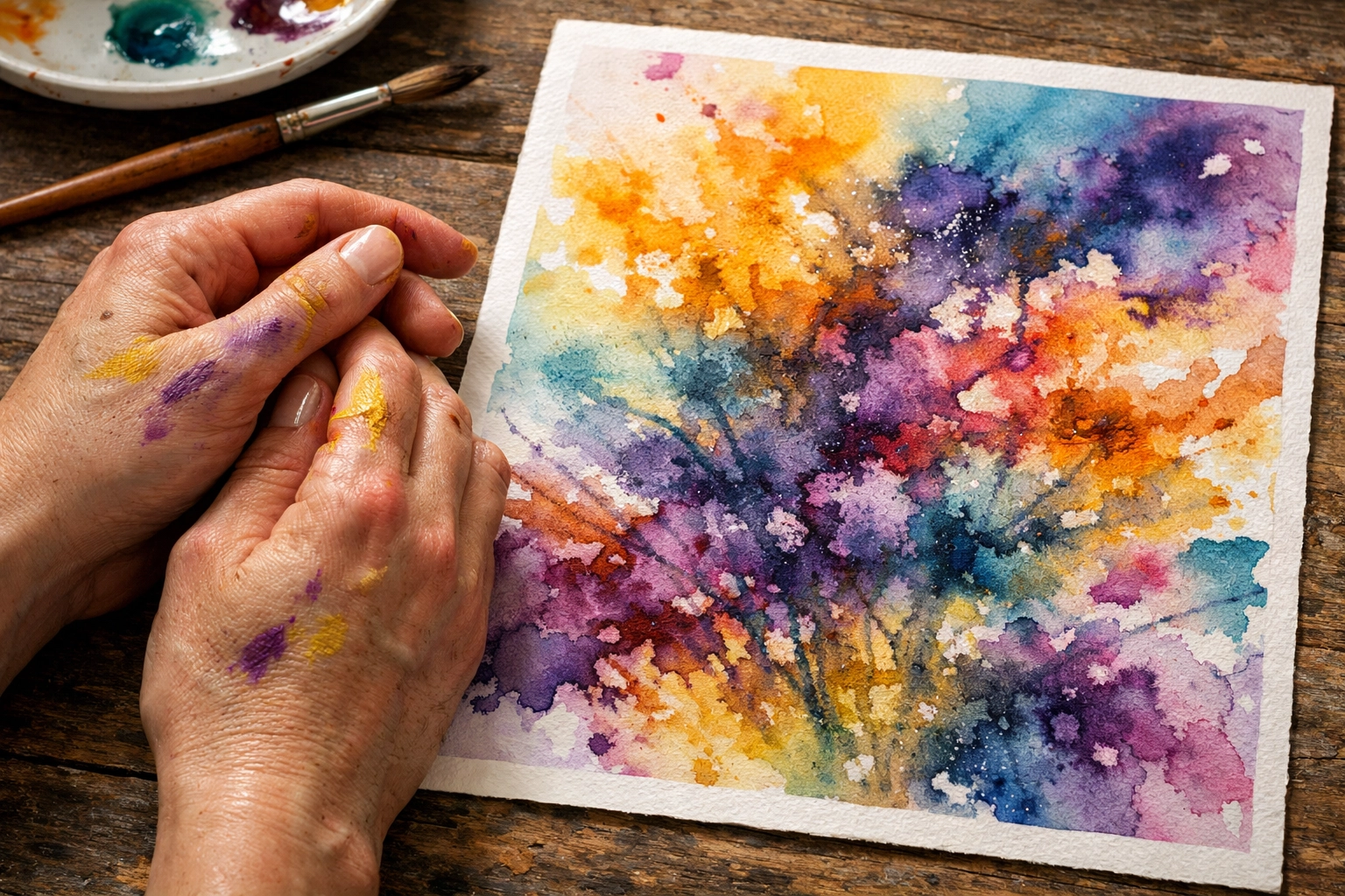 Close-up of paint-stained hands after a tactile creative session designed for a more human workplace.