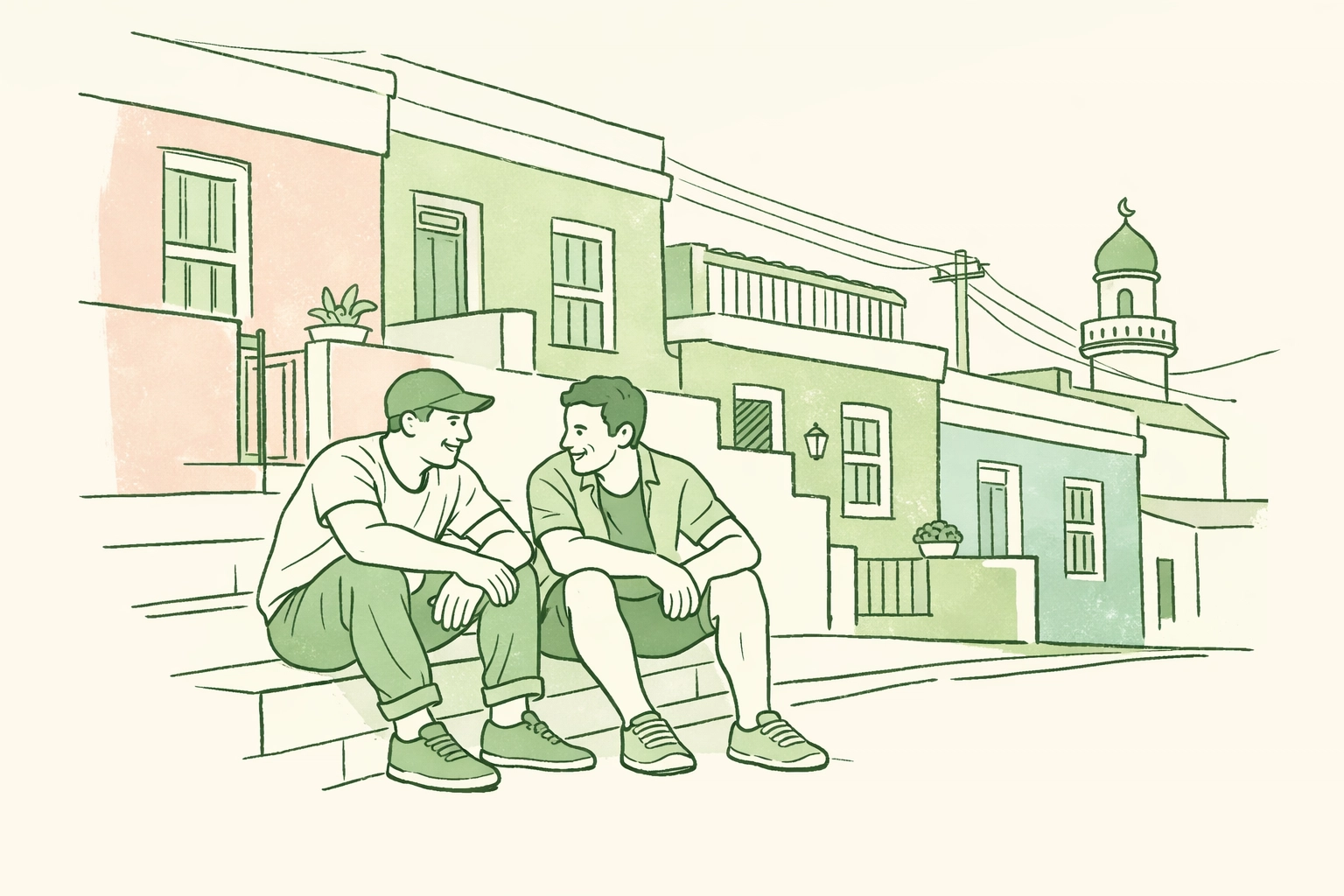 Male couple in Cape Town's colorful Bo-Kaap neighborhood - contemporary gay romance illustration