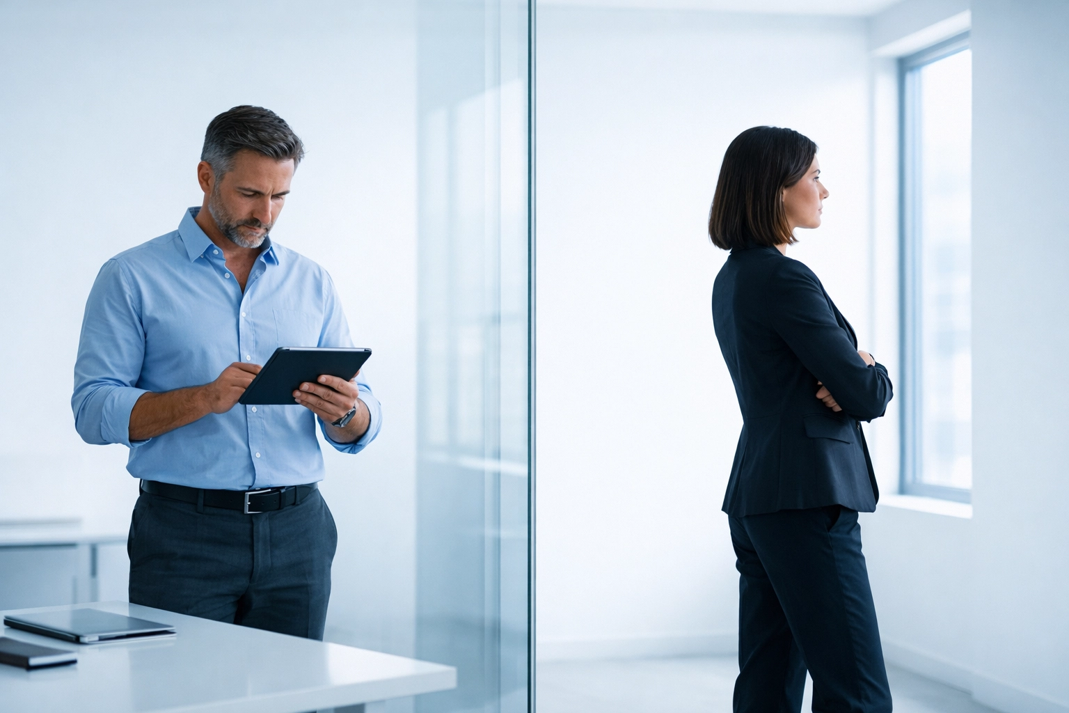 Two business professionals separated by glass representing misalignment between sales and operations.