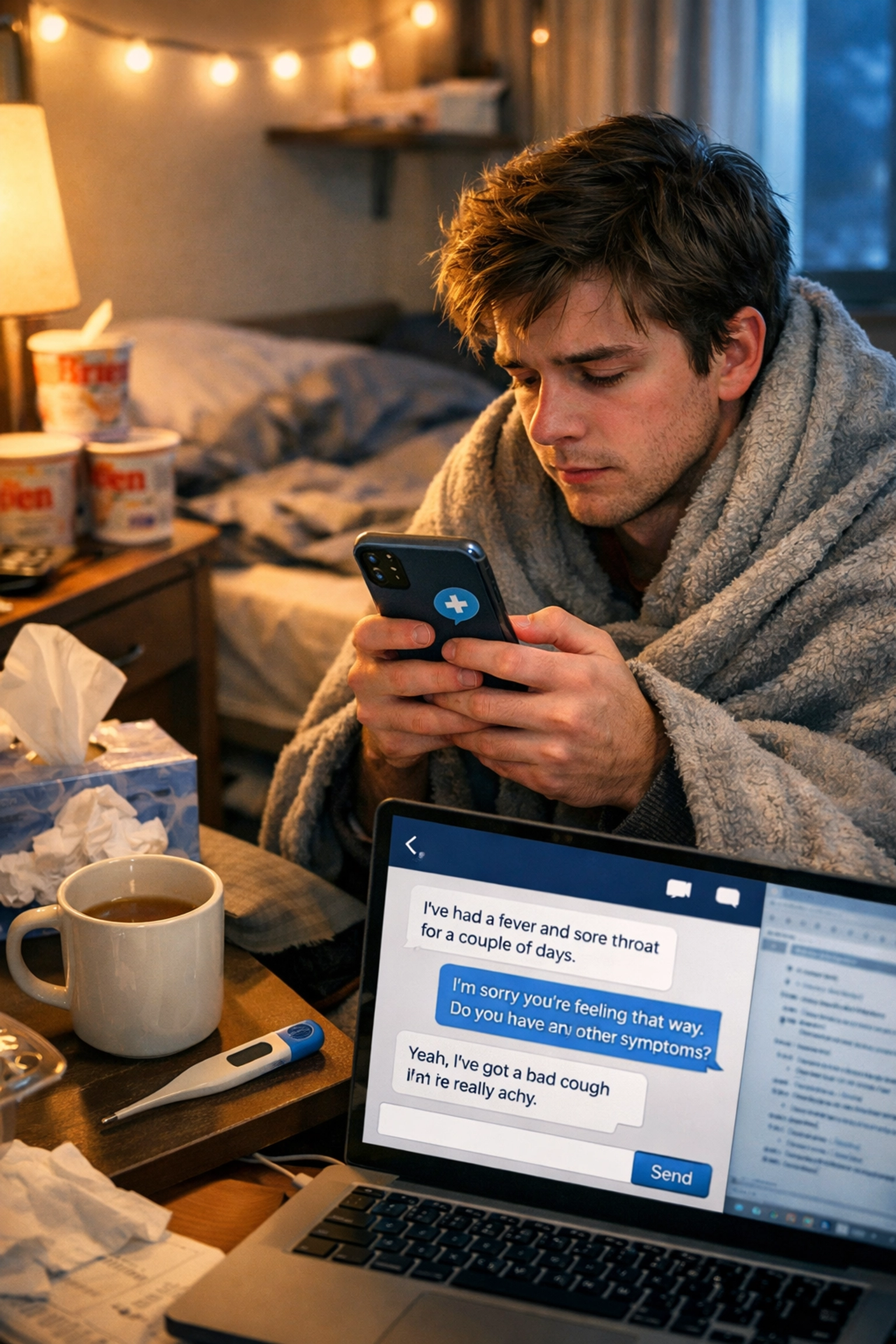 College student in a dorm room texting a doctor for telehealth advice using secure messaging while sick.