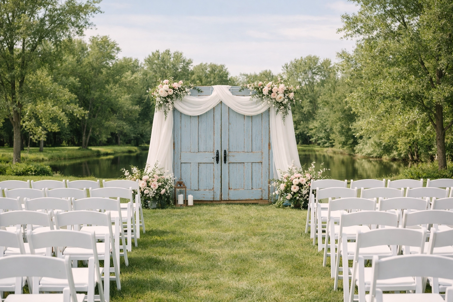 Vintage blue door wedding backdrop and white chair rentals for a tranquil outdoor ceremony in Fort Wayne.