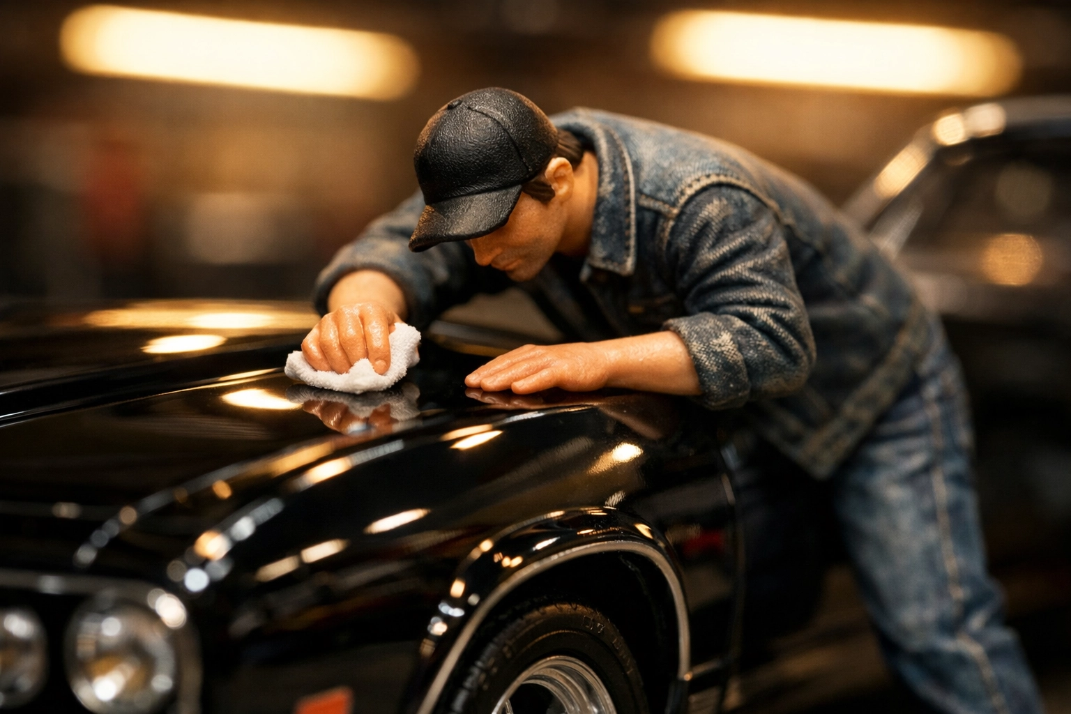 1:64 scale miniature figure polishing a black classic muscle car in a realistic garage workshop.