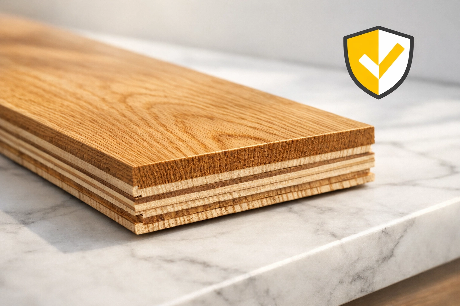 Thick wear layer on engineered hardwood floor plank, allowing for multiple professional repairs and refinishing.