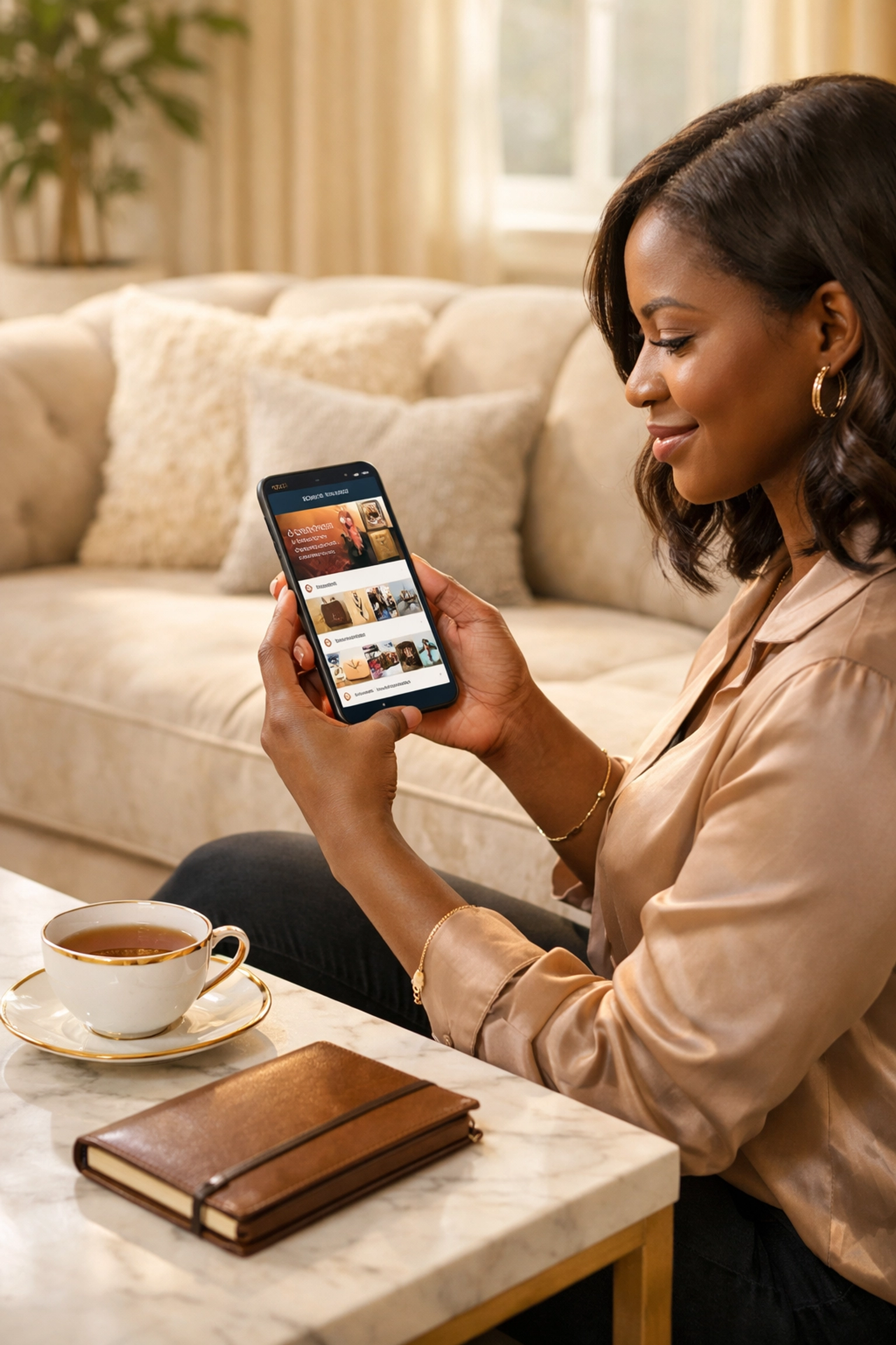 Why Sonny’s "Black People of Interest" Spotlight Will Change the Way You #Buyblack A woman shopping at Blackwallstreets.store on her smartphone to support Black-owned businesses.