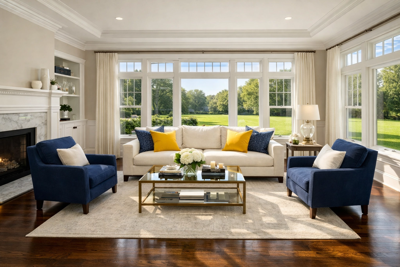 Pristine living room in Sherborn, MA, after a professional eco-friendly house cleaning service.