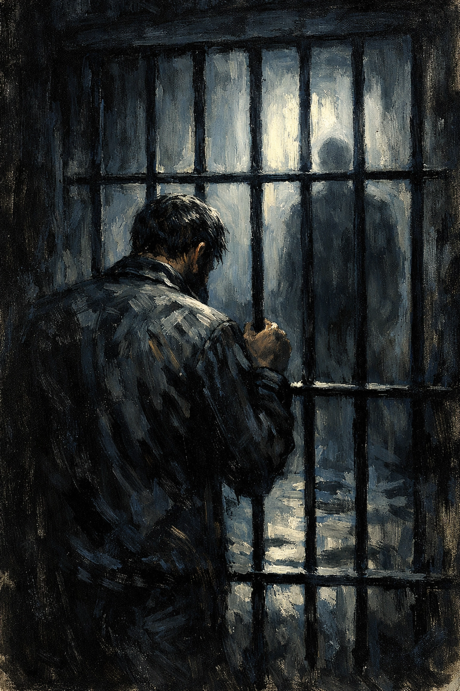 Man facing prison bars representing Giovanni's tragic fate in Baldwin's gay literature masterpiece