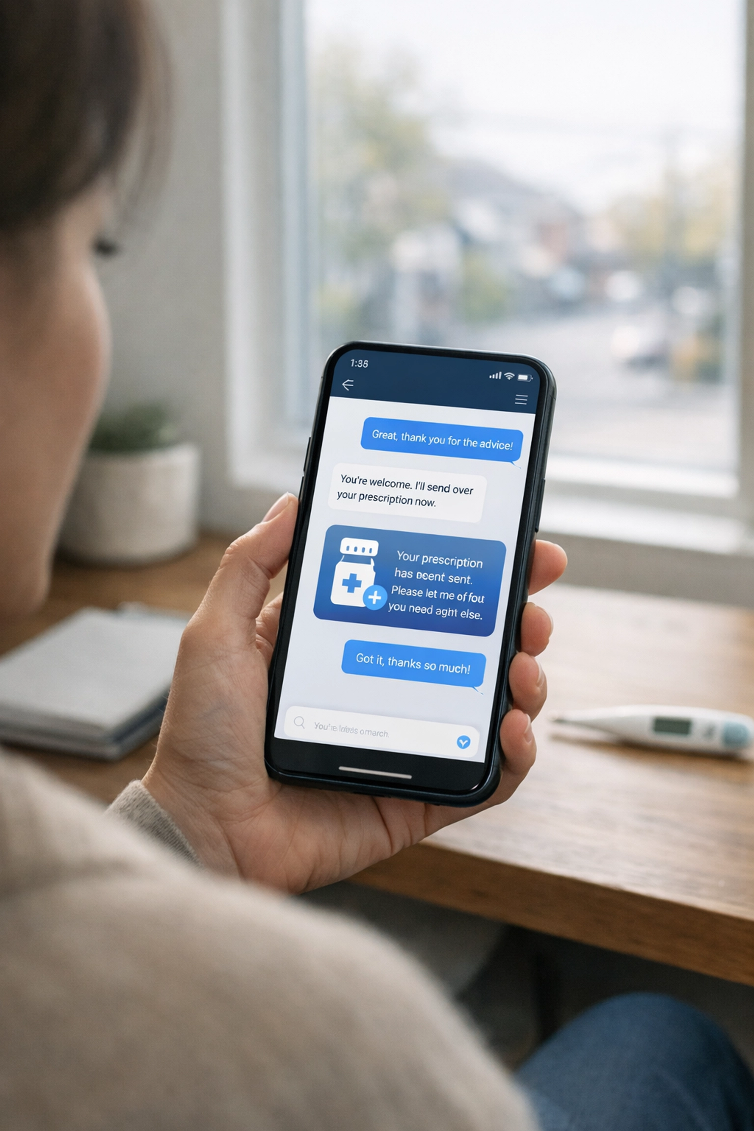 Person using online medical chat on a phone to get a prescription from a 24/7 doctor at home.