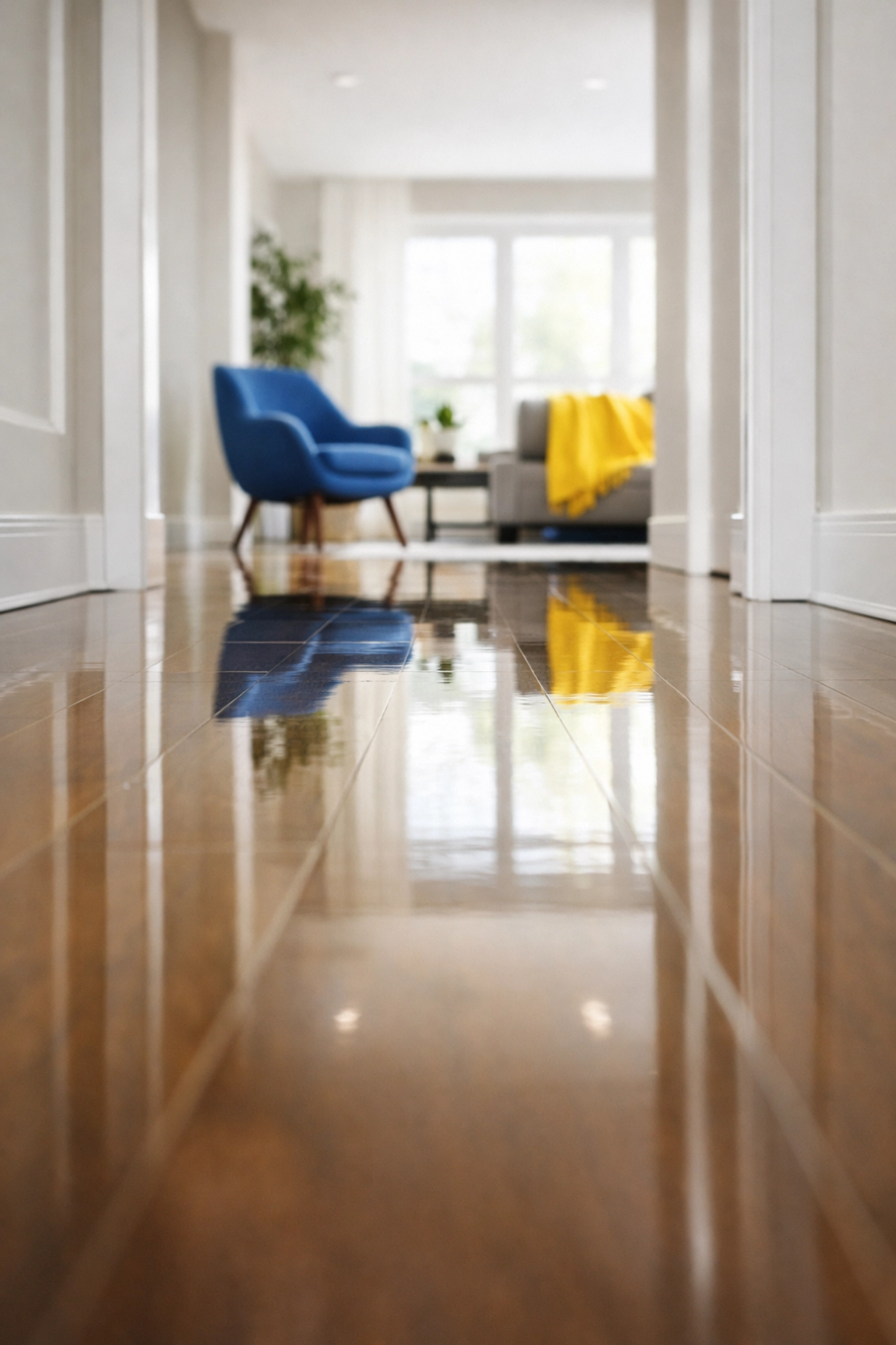 Sparkling clean, high-gloss hardwood floors in a sunlit home after professional cleaning.