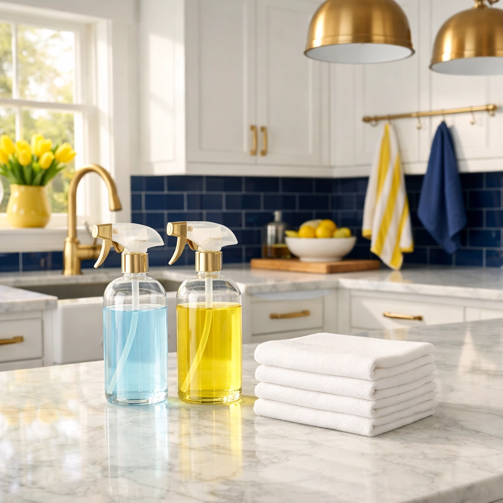 Eco-friendly Cohasset deep cleaning products on a luxury marble kitchen countertop.