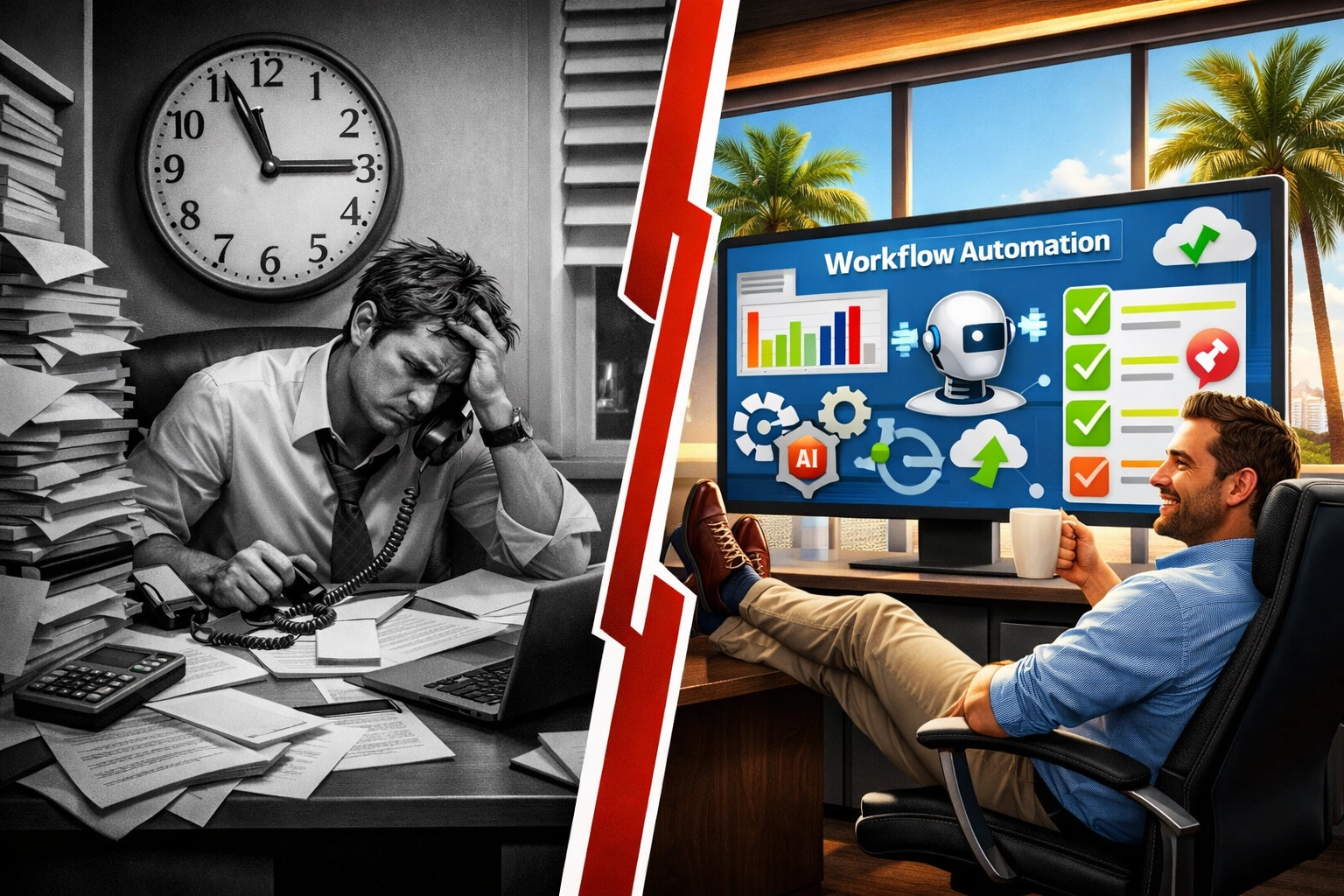 Business owner overwhelmed with paperwork versus automated business systems in Tampa office