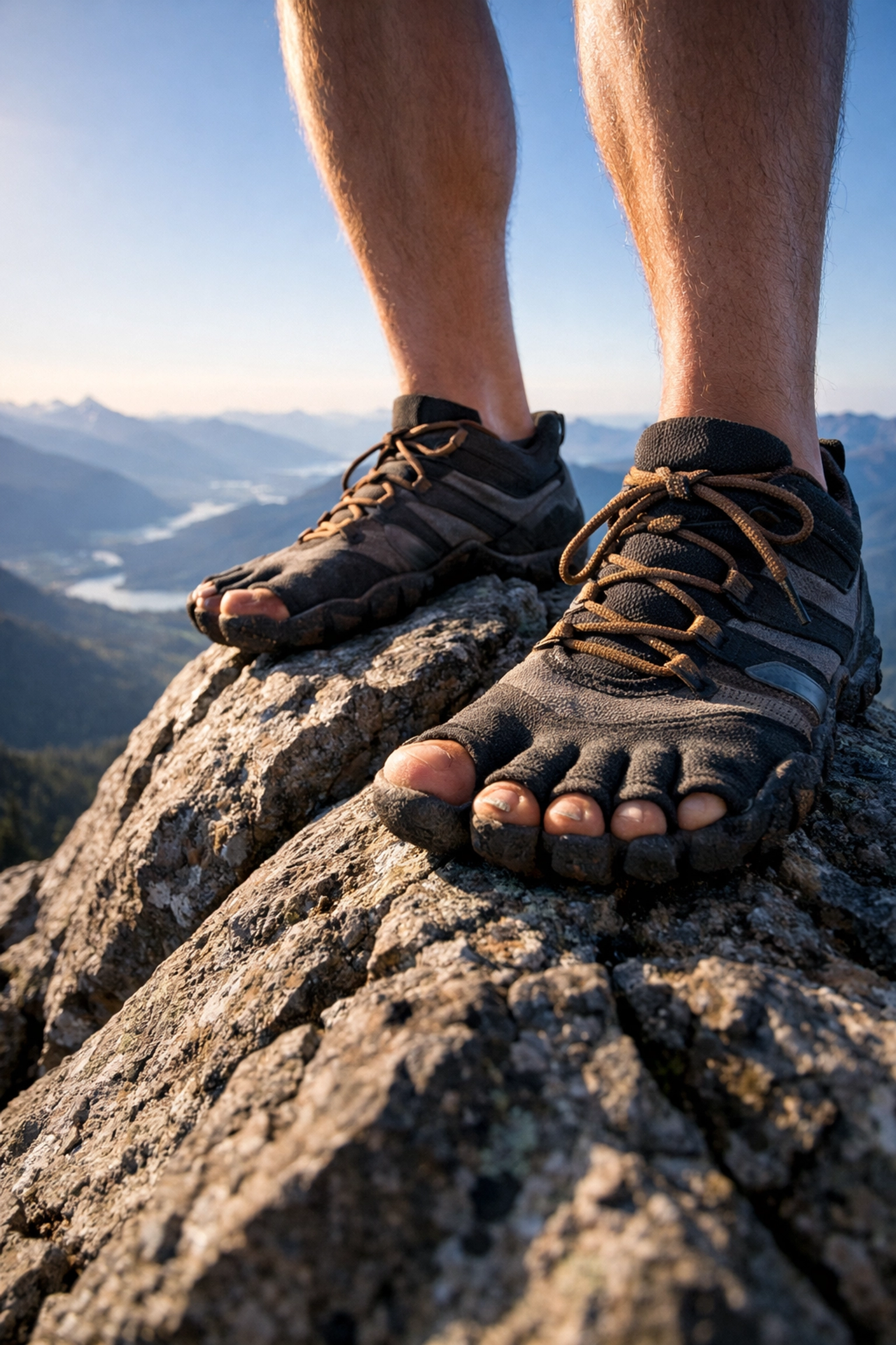 Barefoot hiking shoes providing stability and natural grip on rocky mountain terrain.