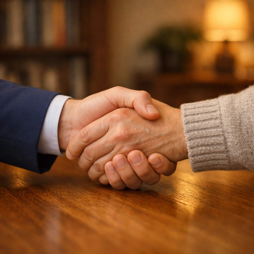 A supportive handshake between an attorney and client, representing compassionate legal guidance in Indiana.