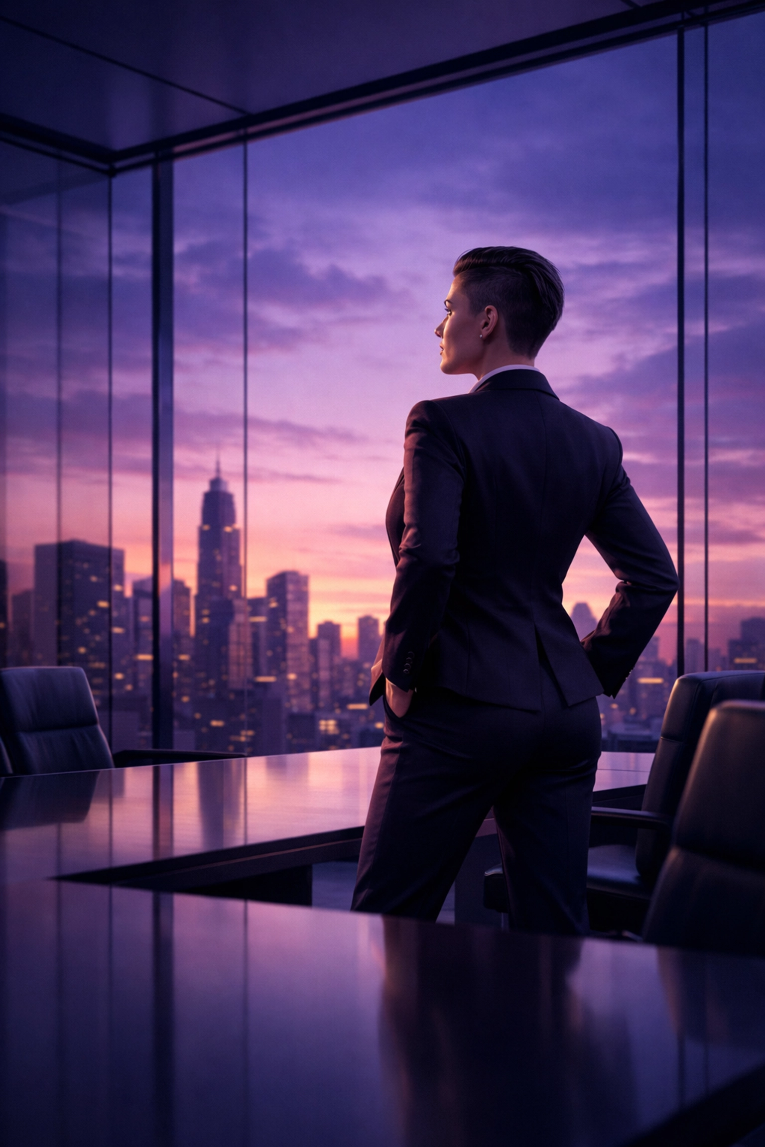 A professional lesbian leader in a boardroom overlooking the city, symbolizing queer career growth.