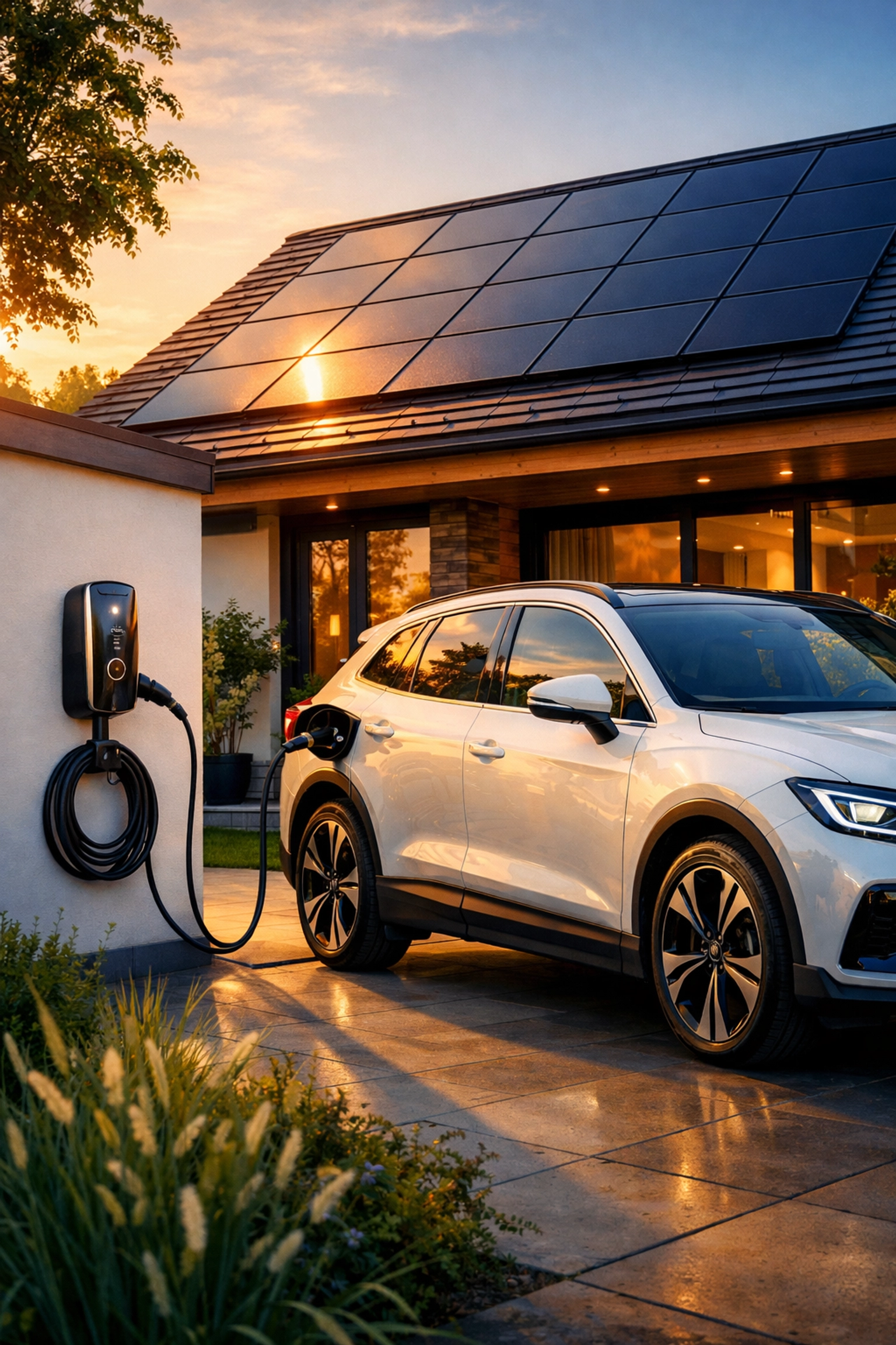 Electric vehicle charging at home using solar power and a smart integrated energy storage system.