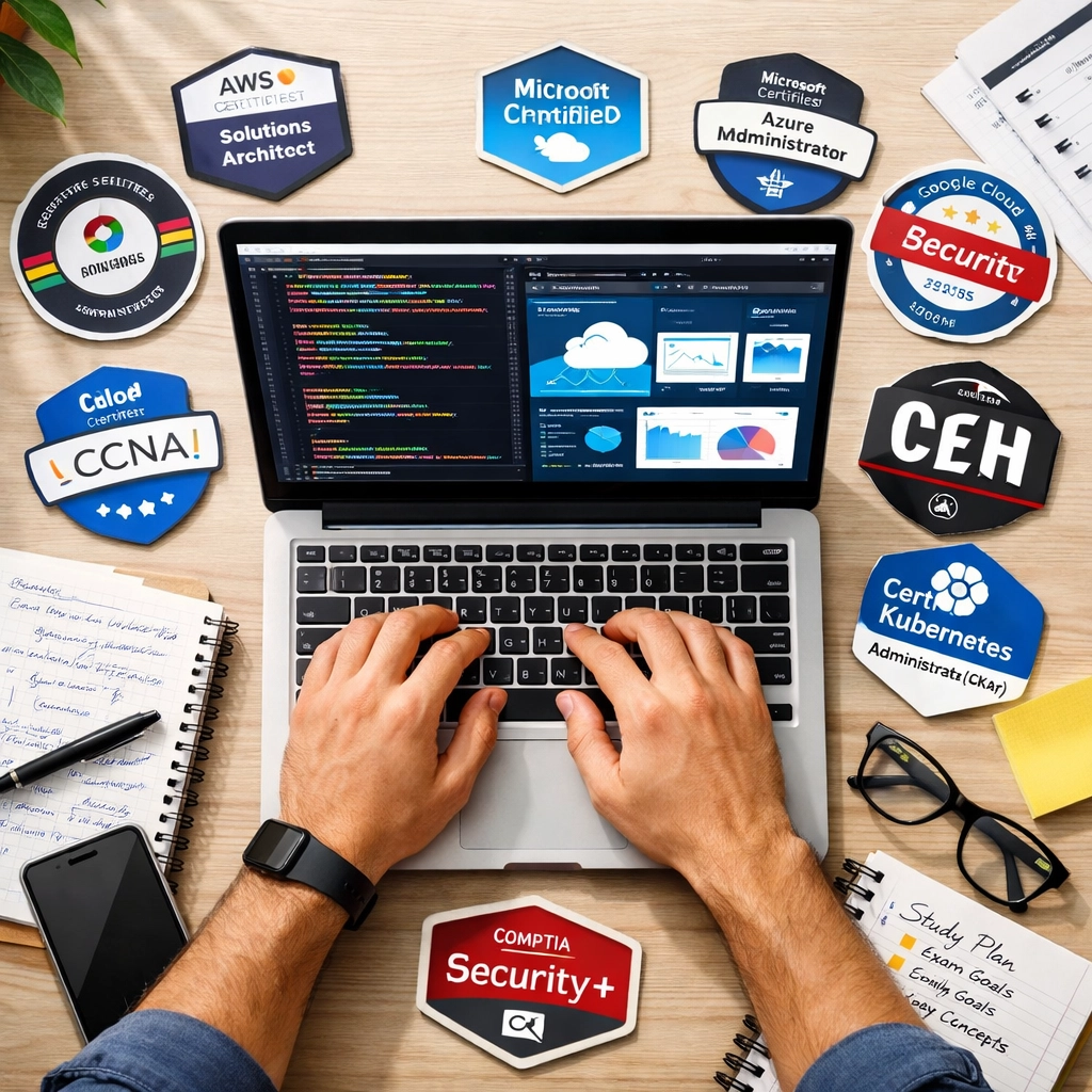 Hands coding on laptop with technical certifications showing skills-based hiring approach