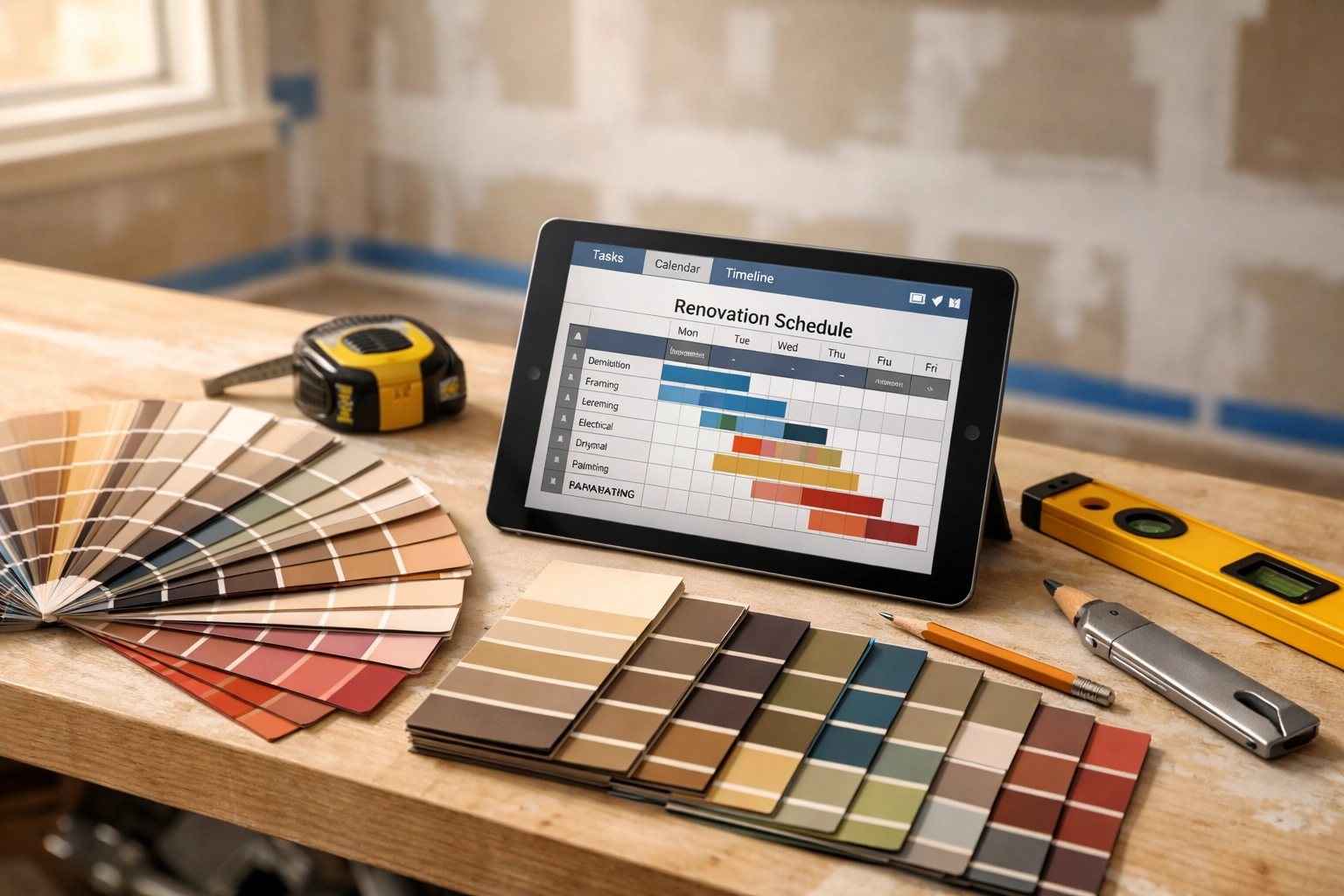Professional contractor planning renovation project with paint samples and scheduling tools