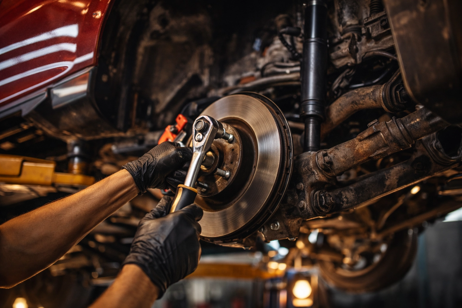 Close-up of hands working on a lifted truck suspension/undercarriage with tools visible