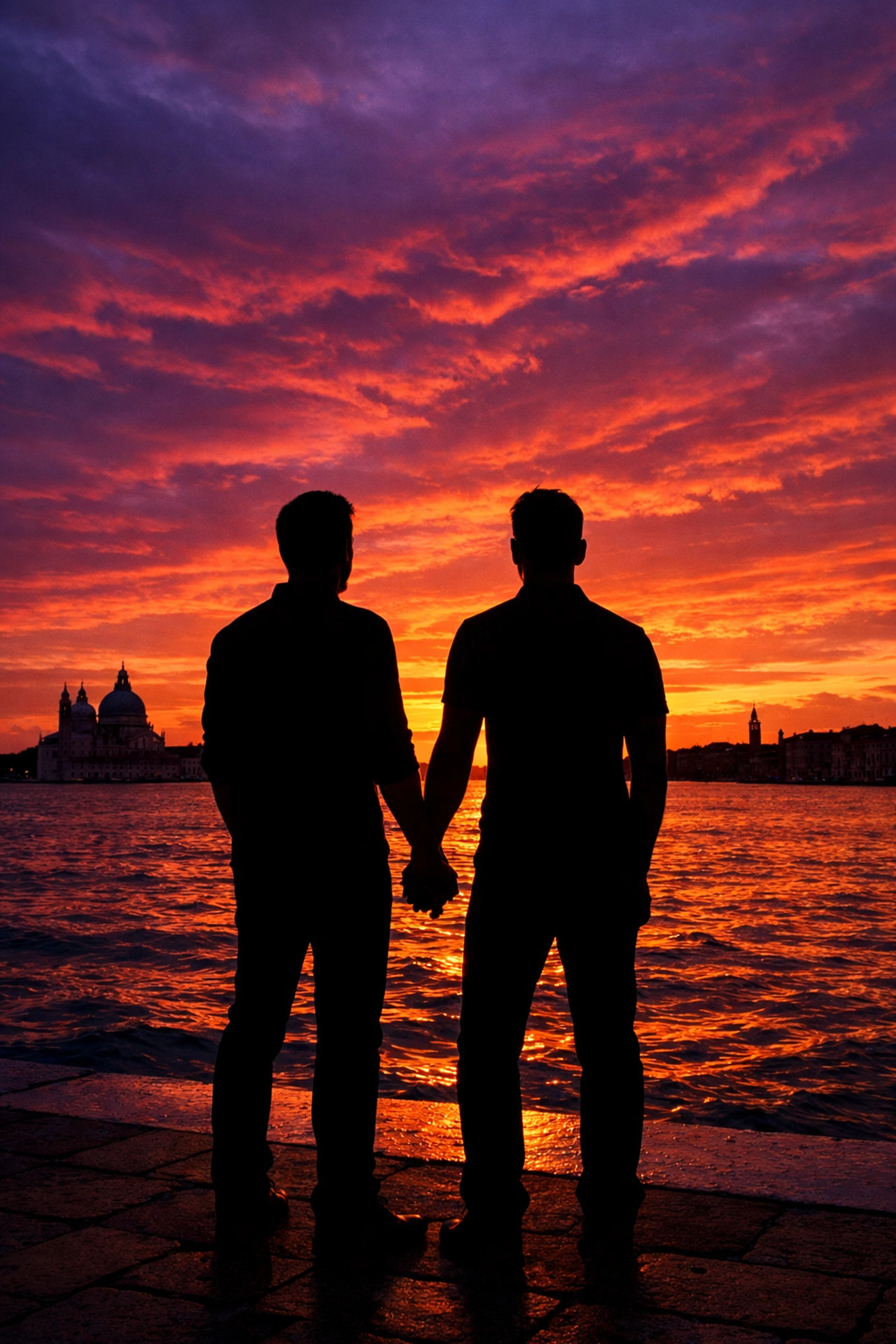 Silhouette of two men holding hands during a Venice sunset at Zattere, a romantic finale for an MM romance.