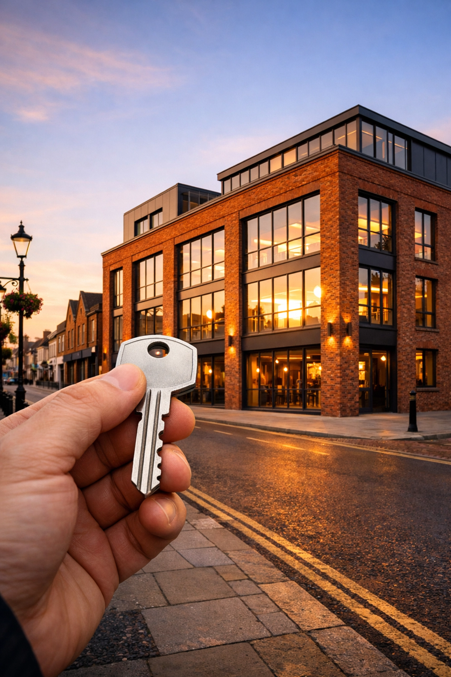 Business owner holding a key to their new commercial property in a UK town.