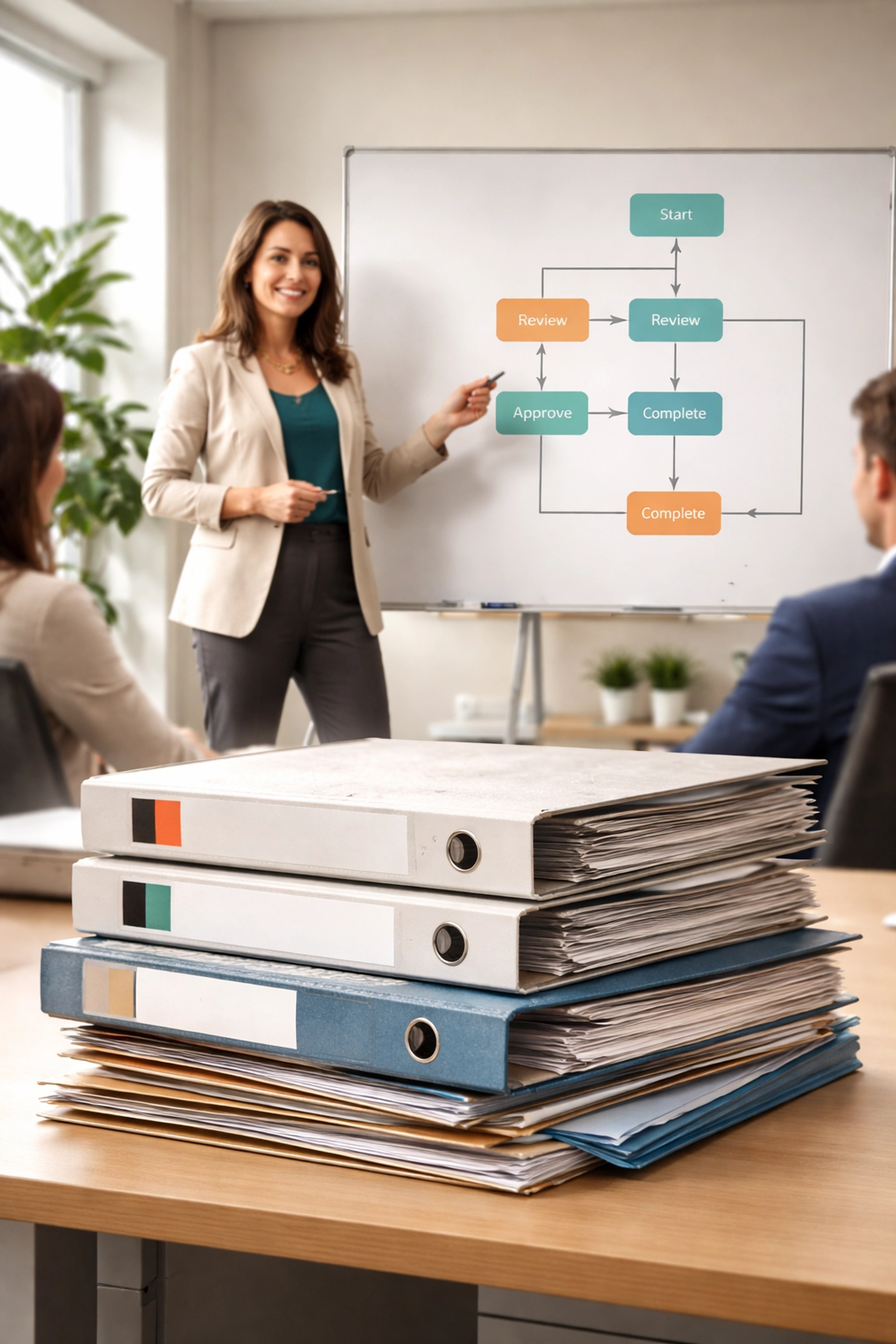 A woman explains an ISO process workflow in a small business office, highlighting the importance of practice over paperwork for ISO audits.