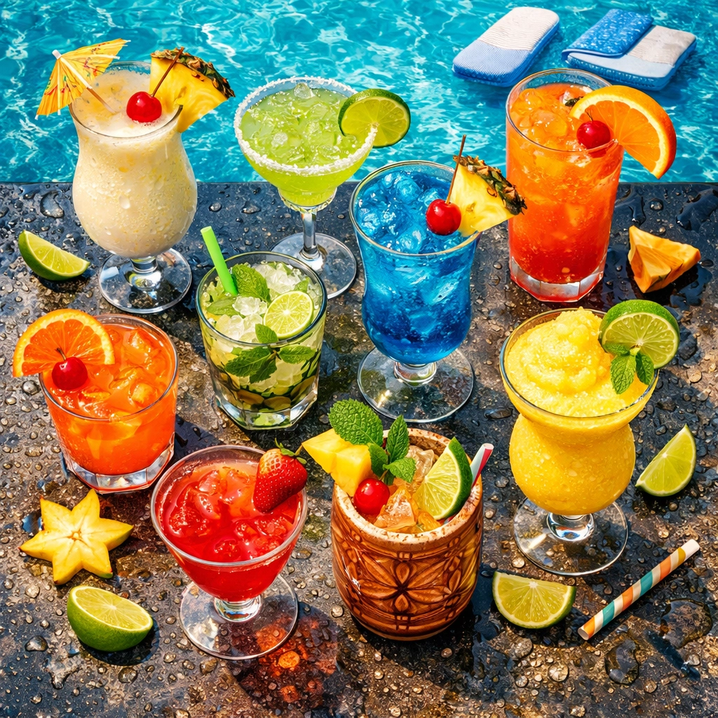 Tropical cocktails at all-inclusive resort pool bar with colorful drinks and fresh fruit garnishes