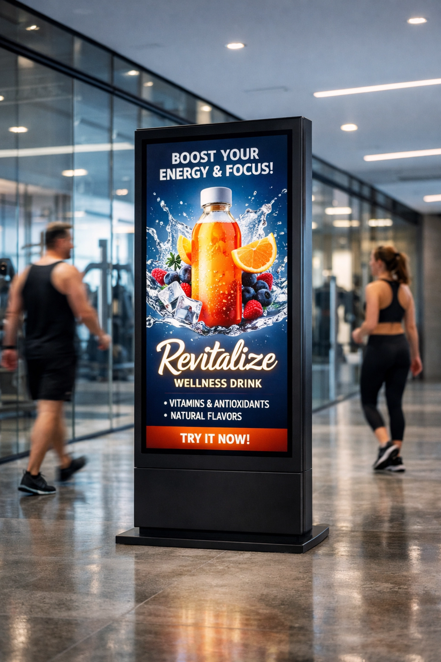 Digital ad screen in a gym lobby illustrating venue-specific targeting for local wellness brands.
