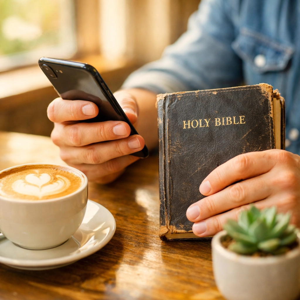 Person reading Bible and smartphone Bible app at café - accessible modern faith practice