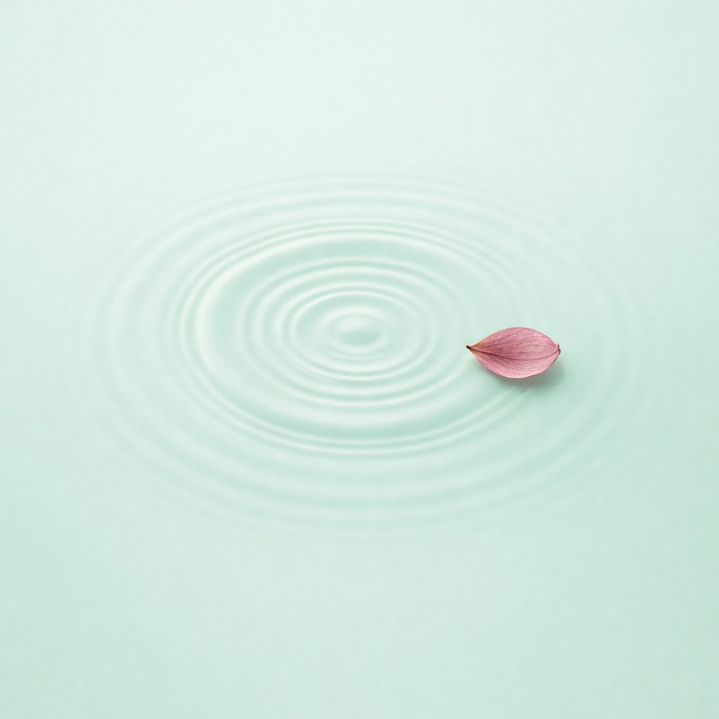 A single ripple and floating petal on calm water, illustrating the importance of boundaries and rest.
