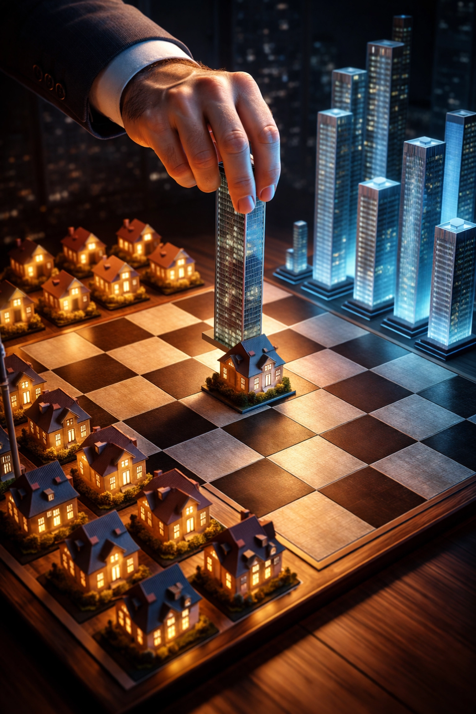 Chess board symbolizes the battle between families and corporate investors for single-family homes in the real estate market.