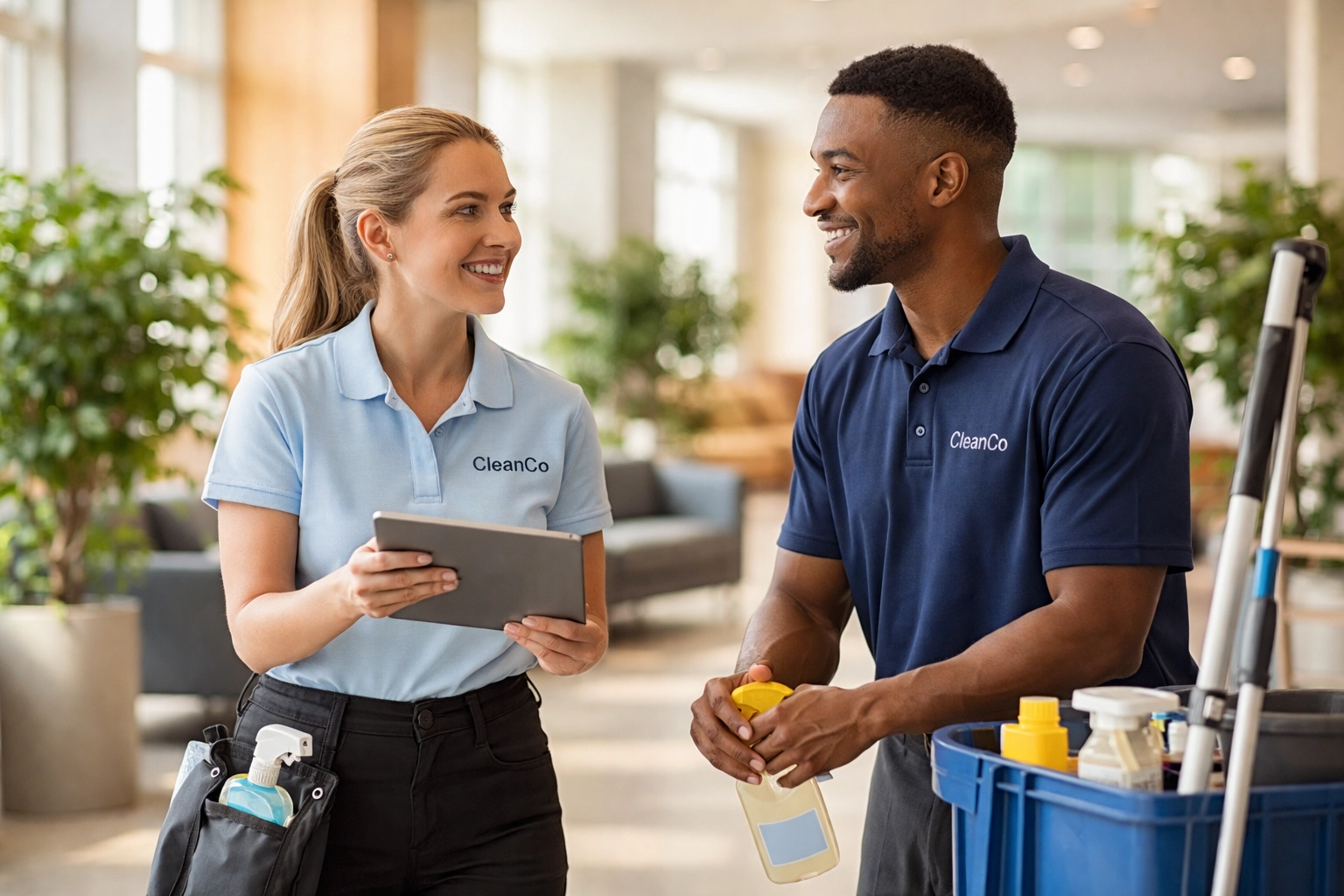 Two cleaning professionals connecting and collaborating as part of a supportive network