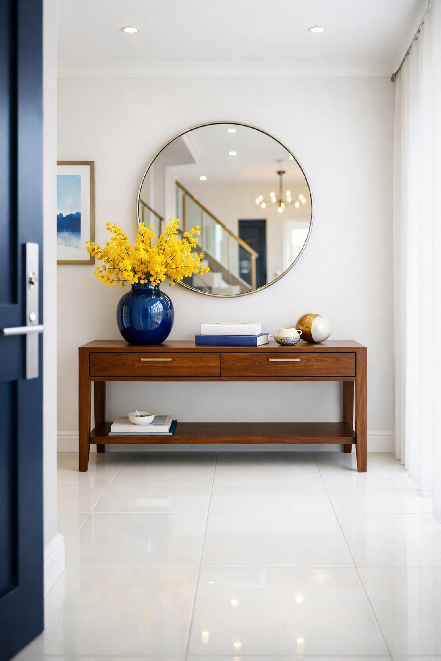 Spotless modern entryway in a Bolton property with glowing white tile floors ready for new residents.