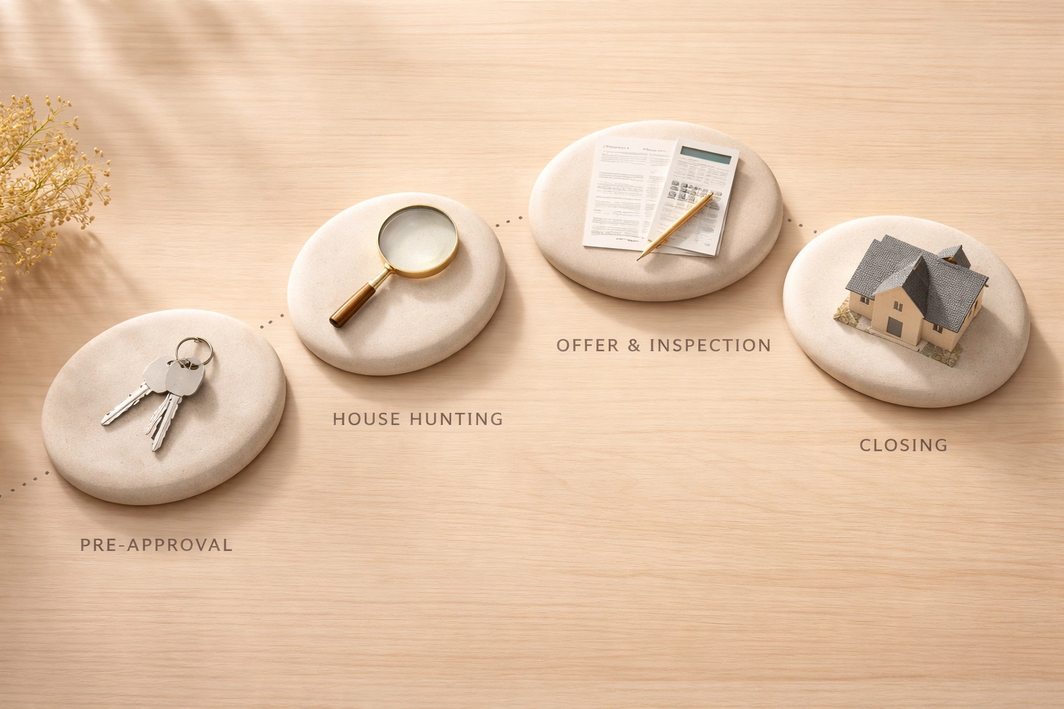 Property transaction timeline stages shown as minimal stepping stones, representing the home buying process.