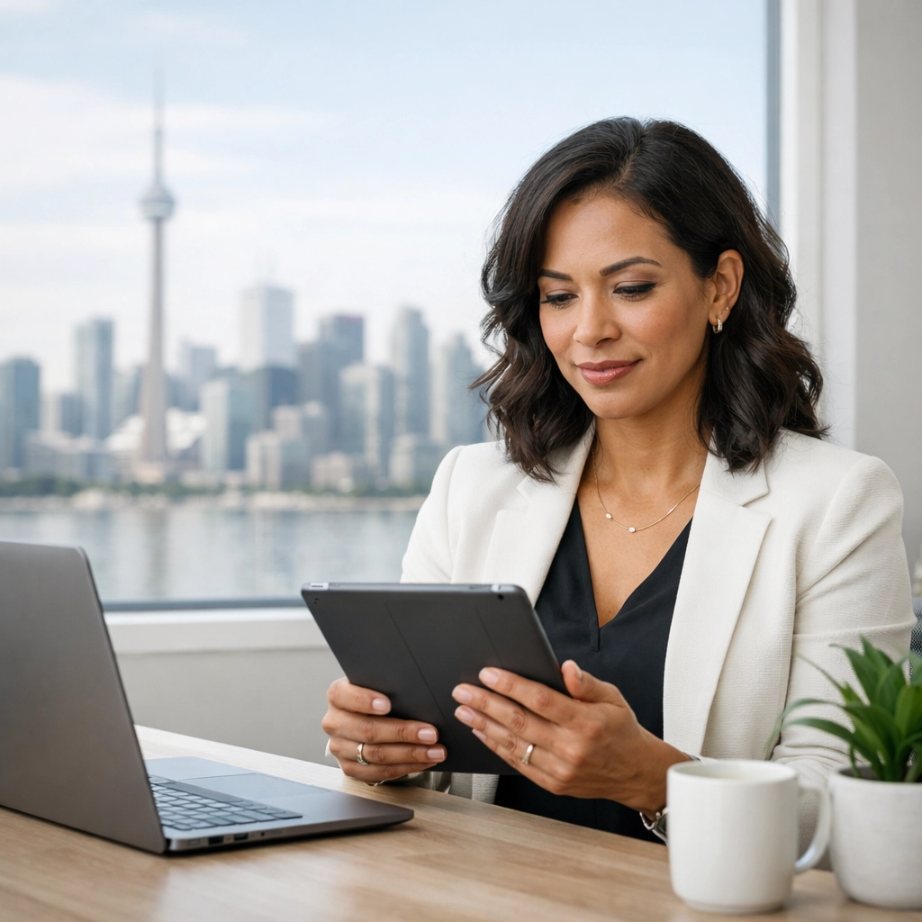 A business owner in a modern office reviewing financial planning to scale her Canadian company with working capital.