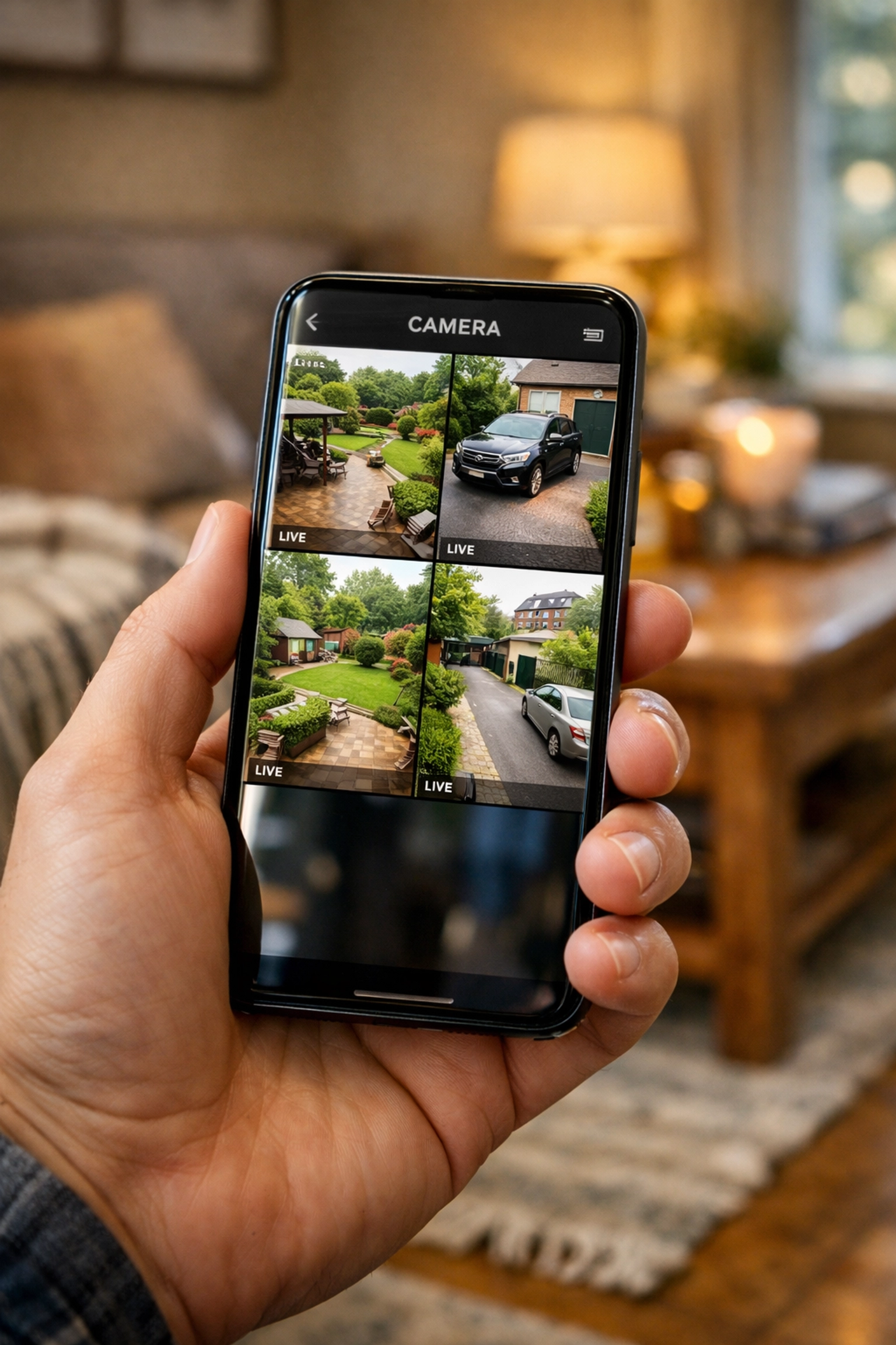 Smartphone app displaying a multi-camera security feed for a home in Swansea.