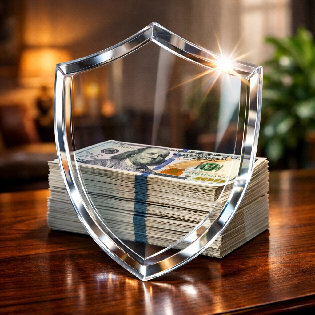 A protective shield over cash representing equity insurance and home equity savings with a flat fee Realtor.