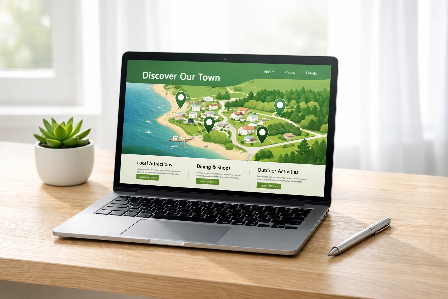 Modern laptop displaying a location-specific website design with a map for local SEO rankings.