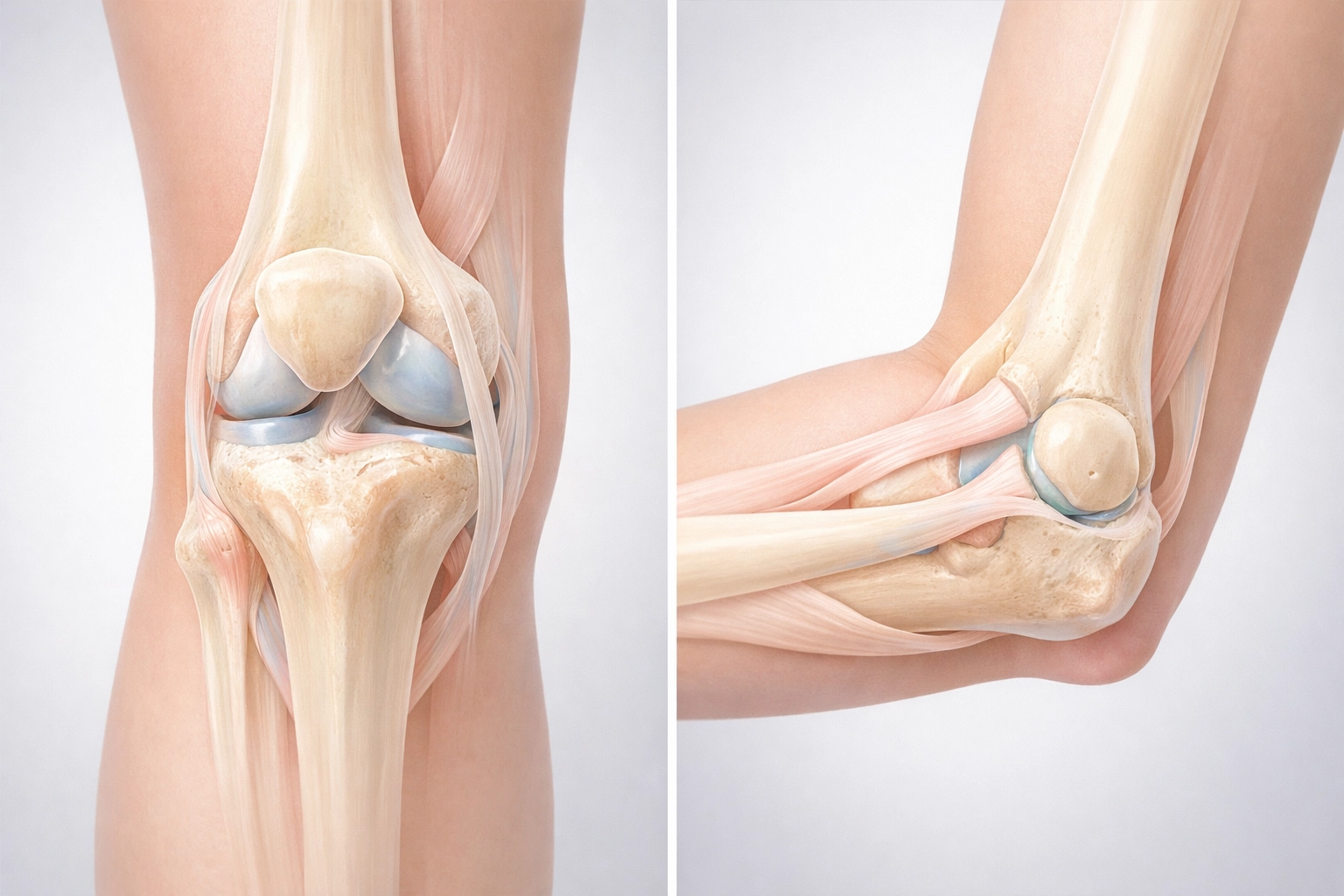 Anatomical view of knee and elbow joints highlighting connective tissue for injury prevention