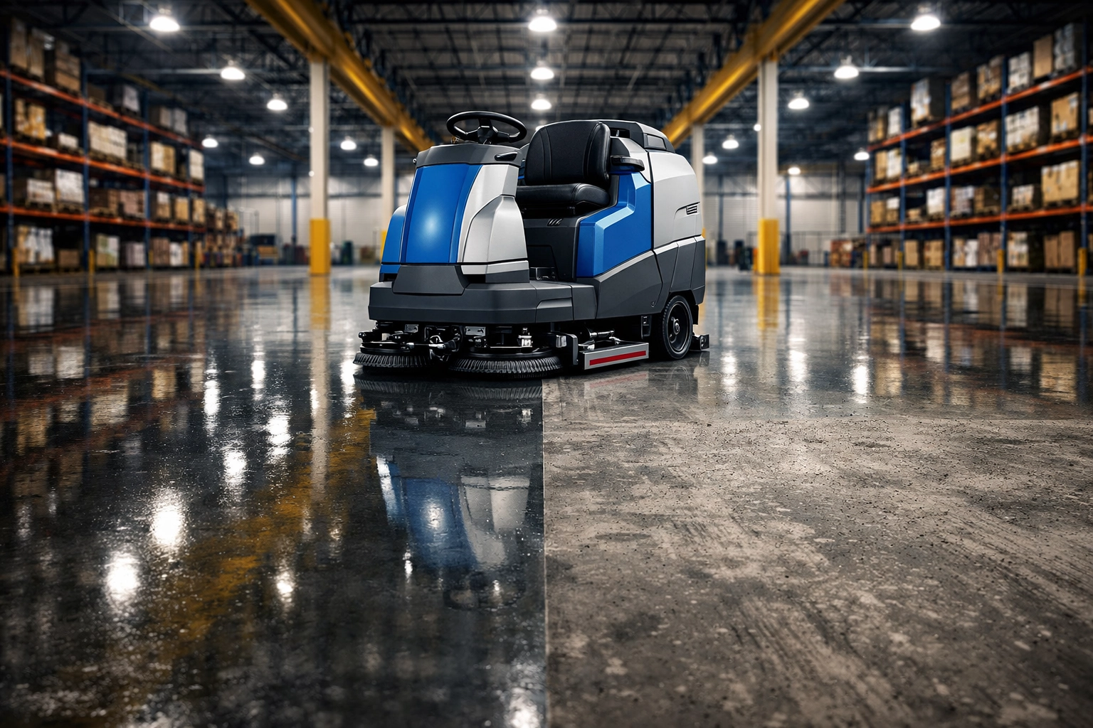 Professional industrial scrubber cleaning a concrete warehouse floor in Taunton to a mirror finish.