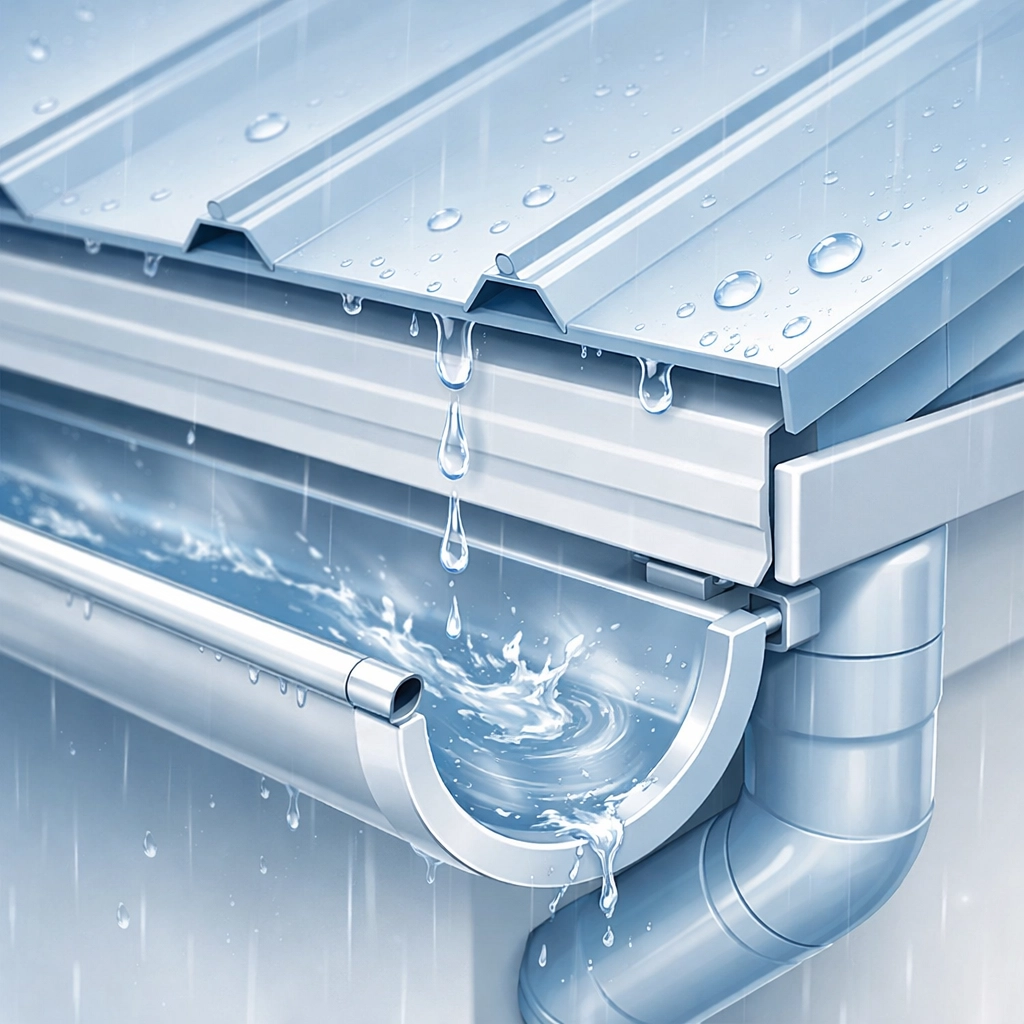 Modern guttering system and metal roof profile directing heavy rainwater away from a Sydney home.