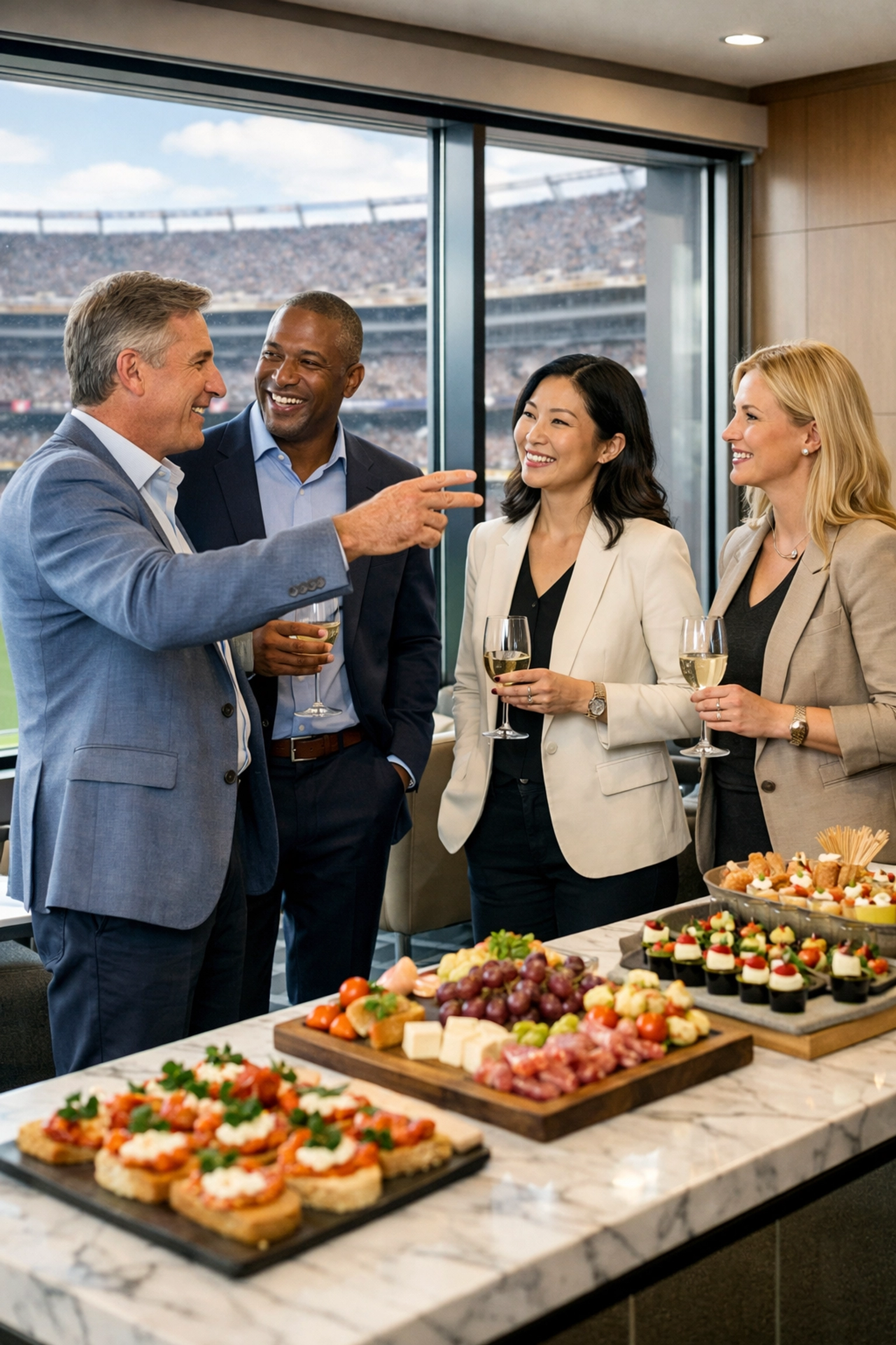 Group of executives networking in a luxury stadium suite during a high-stakes corporate hospitality event.