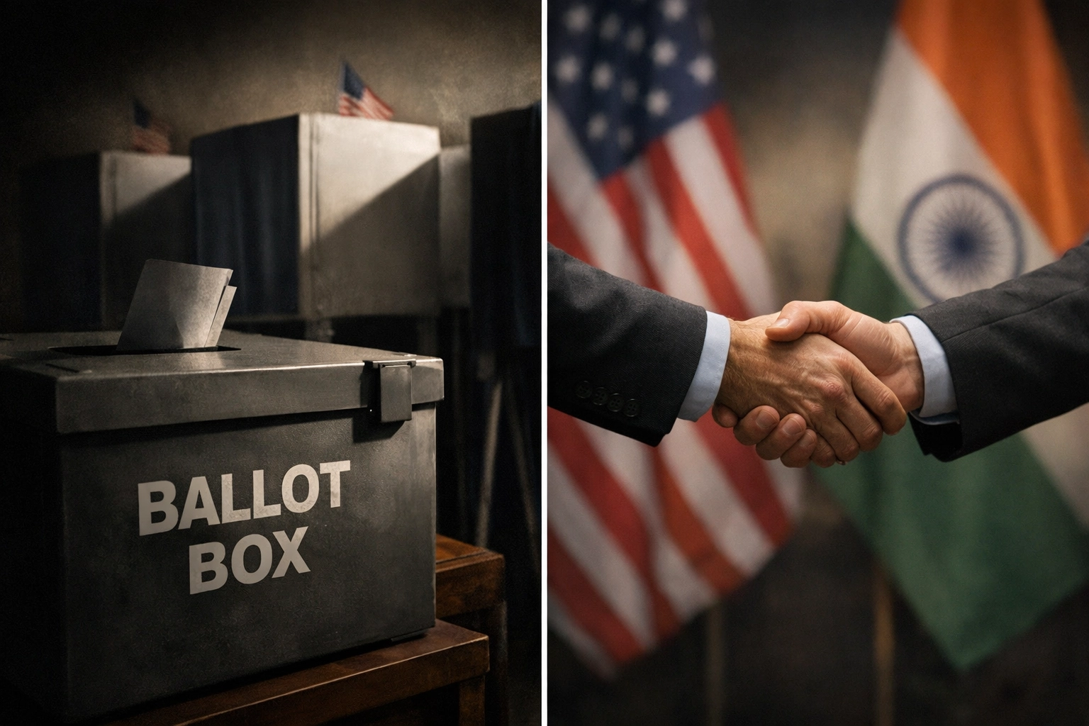 Ballot boxes and business handshake representing US-India trade and global elections