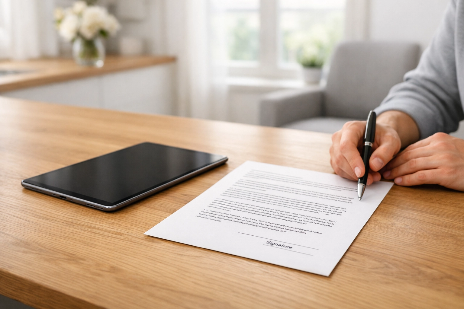 A tablet and physical document on a desk, showing the blend of digital and paper in a hybrid closing.