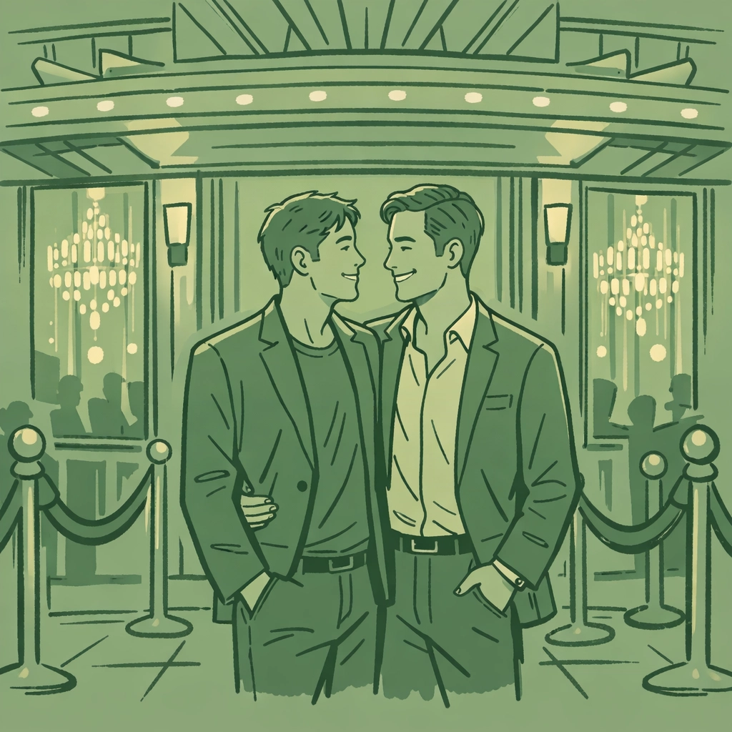 Gay couple arriving at Imperial Hotel Sydney entrance, iconic LGBTQ+ venue with Art Deco styling