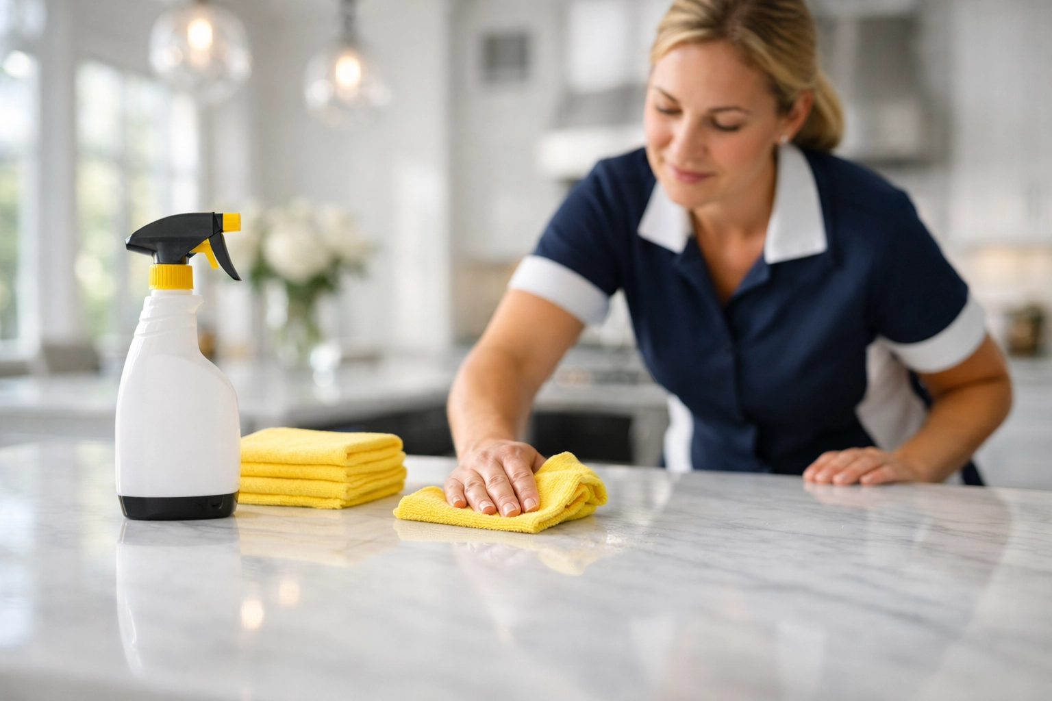 Professional cleaner sanitizing a luxury Massachusetts kitchen, providing top-tier cleaning services near me.