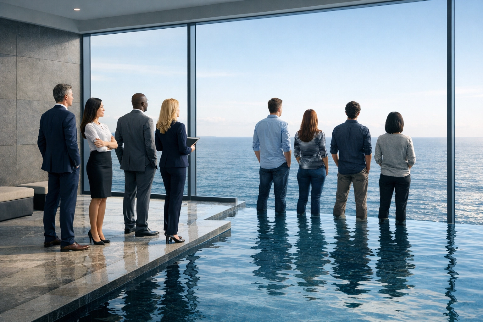 Diverse business team between pool and ocean view symbolizing corporate and startup leadership environments