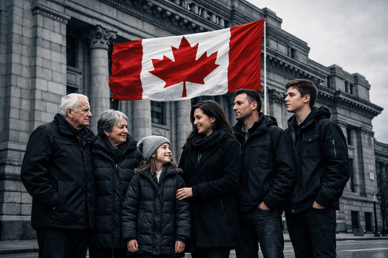 Multi-generational family at a Canadian government building representing Ukrainian immigration and reunification.