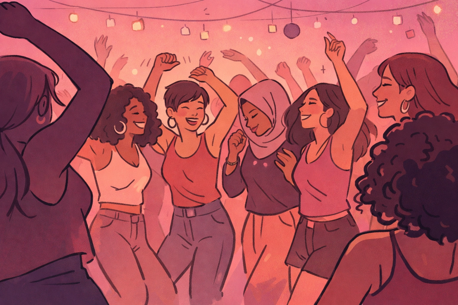 Women dancing and celebrating at London lesbian bar Candy Bar under pink ambient lighting