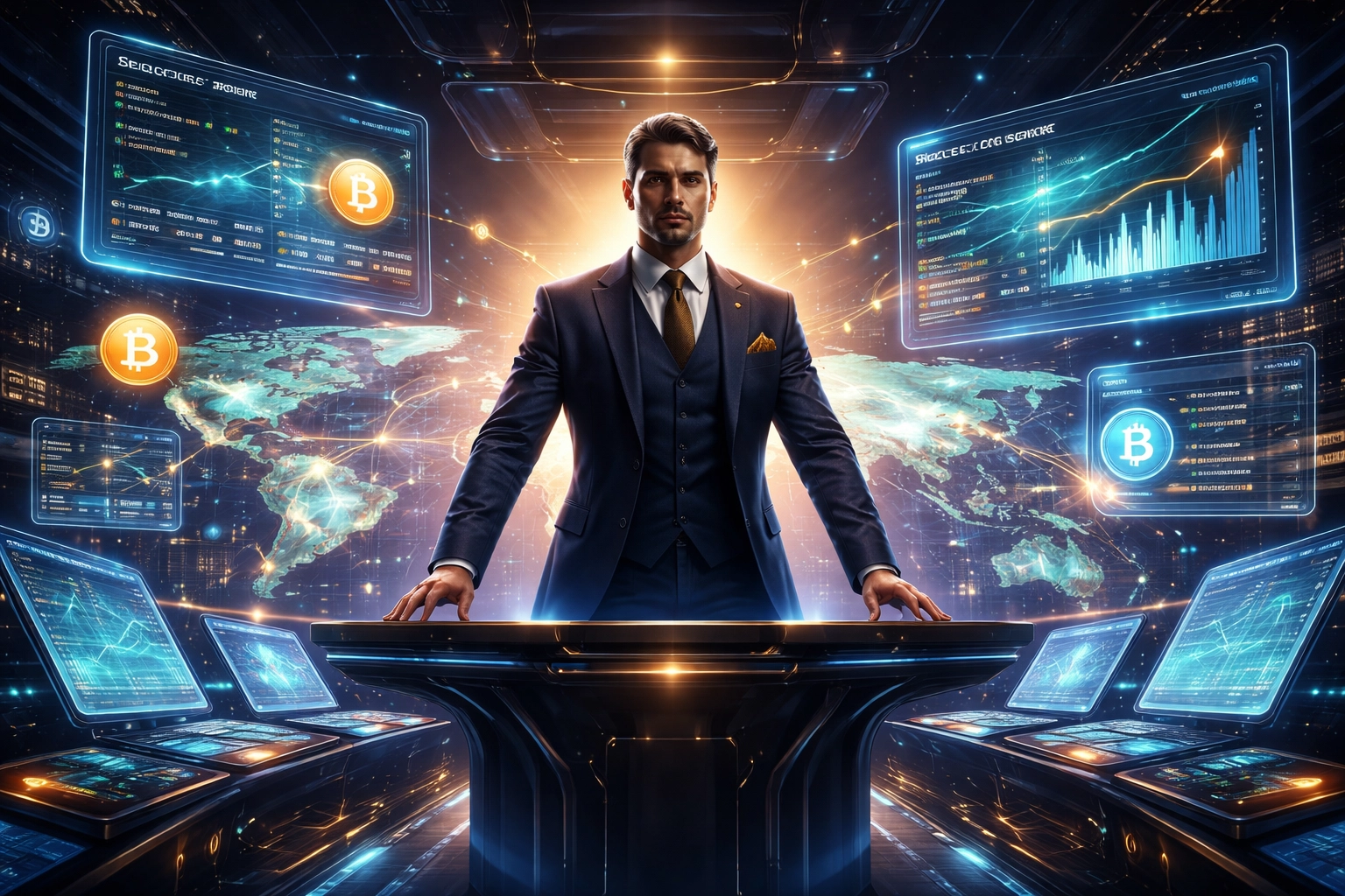 Merchant at payment command center with crypto dashboards showcasing decentralized financial sovereignty