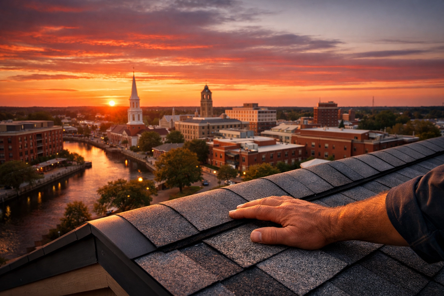 View of the Salisbury, MD skyline from a professionally managed roof, showcasing local roofing expertise.
